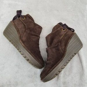 Fly London 36 Yebi Brown Suede Lace Up Heel Wedge Ankle Booties